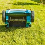 lawn aerator on green lawn closeup