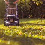 mowing and mulching the grass with a lawn mower at early fall